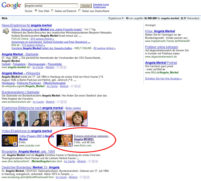 Google Universal Search Screenshot: Angela Merkel