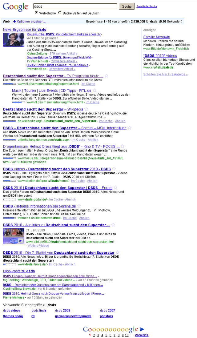 Google Serps: DSDS am Montag, 22.03.2010