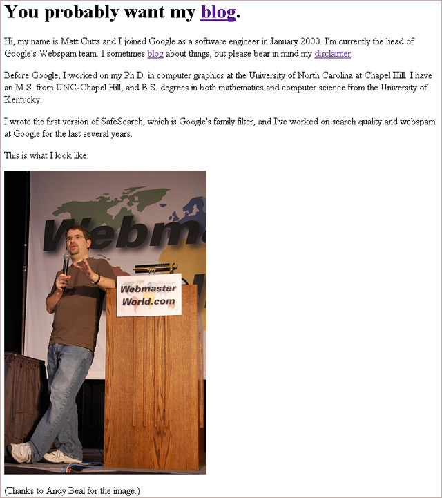 Screenshot: MattCutts.com (30 April 2009)